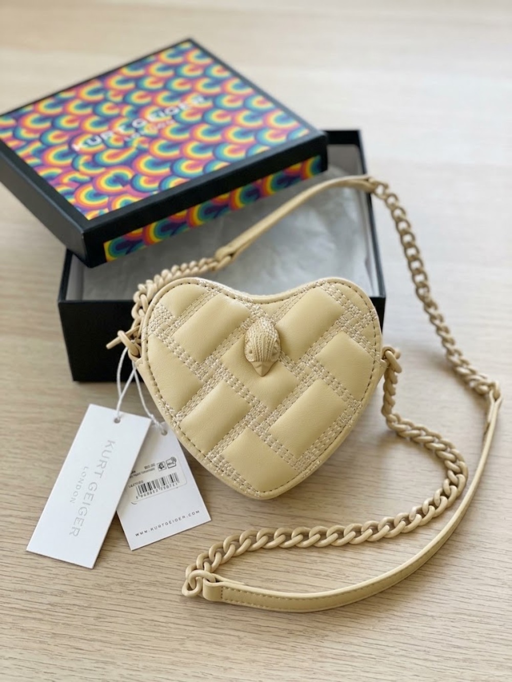 NWT Kurt Geiger London Leather Quilted Heart Micro Crossbody Bag in Bone